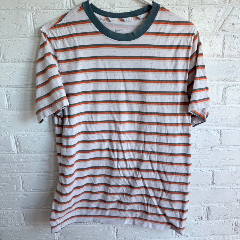 Nike Men's T Shirt Striped Logo Tee Size Medium Gray‎ Orange